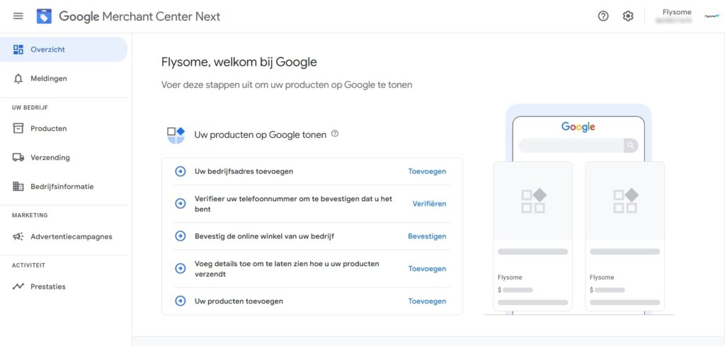 Google Merchant Center dashboard